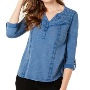 STYLE & CO STYLE&CO Plus Size Crochet Trim Roll Tab Top Blue Cotton Long Sleeve
